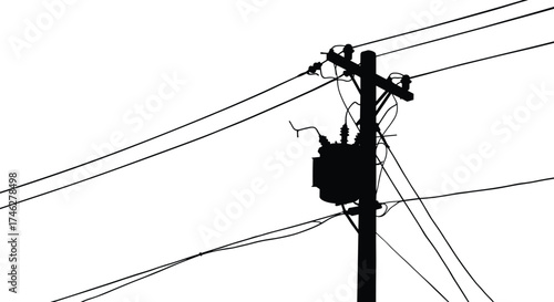 Electric power pole with transformer and tangled cables silhouette vector illustration showing energy transmission structure and urban electricity distribution system