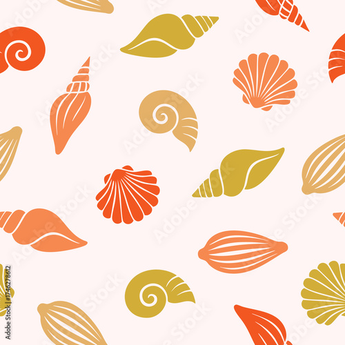 Seamless pattern of orange, red, and green sea shells on beige background for coastal design