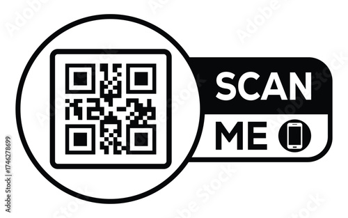 Minimalist black and white QR code icon with “Scan Me” label and smartphone symbol. Clean modern design ideal for digital access, marketing, payments, and contactless technology concepts.