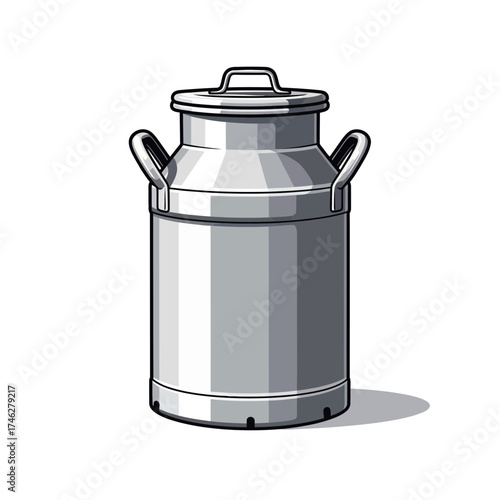 Silver milk can with lid and handles isolated on white background.