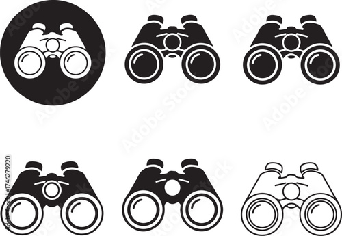 Black binocular icons in various styles on transparent background silhouette