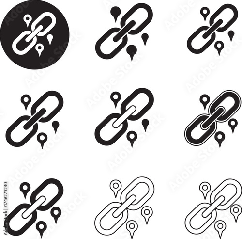 Black chain link icons with location pins on transparent background silhouette