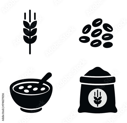 Vector Grain icons: wheat, beans, cereal bowl, grain sack