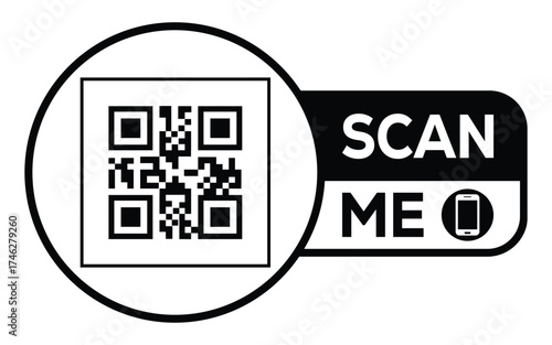 Minimalist black and white QR code icon with “Scan Me” label and smartphone symbol. Clean modern design ideal for digital access, marketing, payments, and contactless technology concepts.