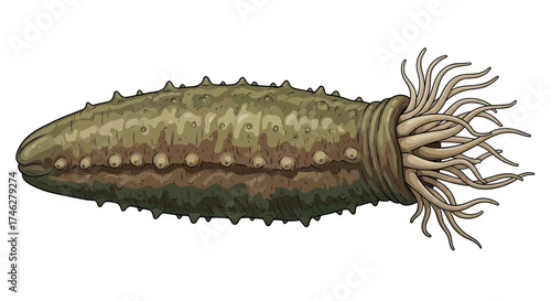 Illustration of a sea cucumber with tentacles on a white background.
