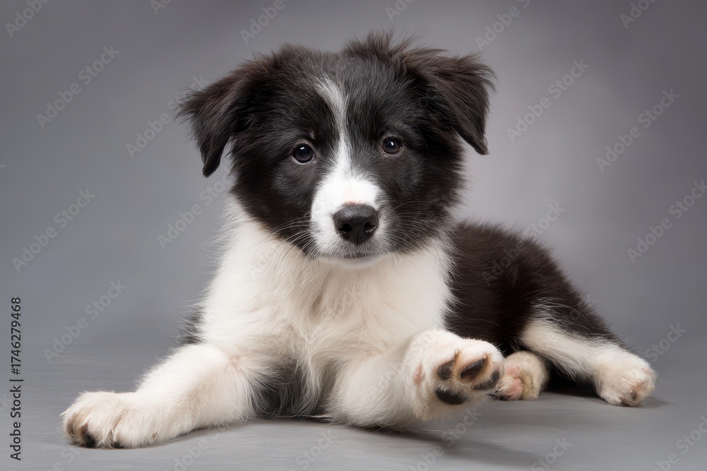 Fototapeta premium Dog Raising Paw. Junior Brown Border Collie with Sheepdog Background
