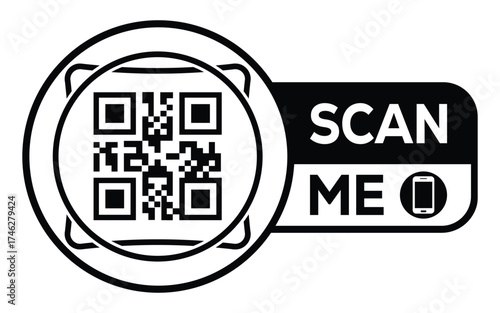 Minimalist black and white QR code icon with “Scan Me” label and smartphone symbol. Clean modern design ideal for digital access, marketing, payments, and contactless technology concepts.