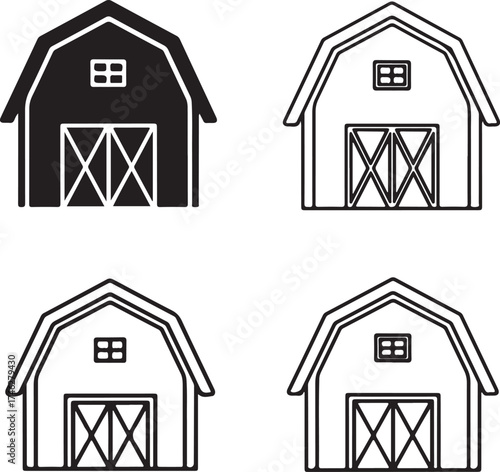 Four black barn icons with different designs on transparent background silhouette