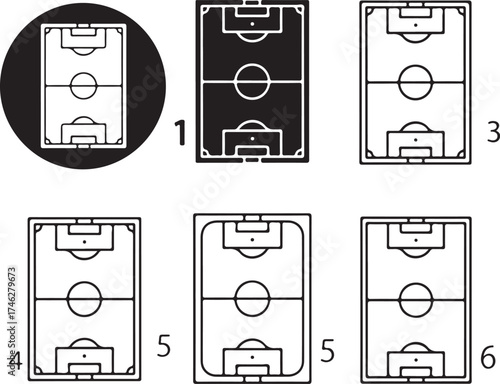 Futbol field diagrams with goalposts and center circle silhouette on transparent background