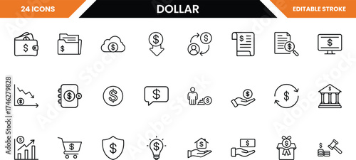 Collection of dollar and finance icons, isolated on white background