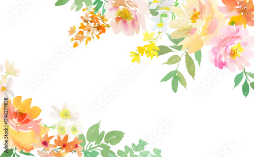 Abstract watercolor floral background with hand painted salmon pink peonies and wild flowers for banner, web and wedding invitation. Vector file.