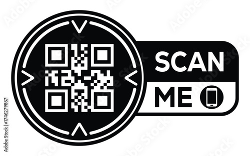 Minimalist black and white QR code icon with “Scan Me” label and smartphone symbol. Clean modern design ideal for digital access, marketing, payments, and contactless technology concepts.