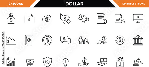 Dollar currency icons set, representing finance, investment, banking, and economic growth, isolated on white background