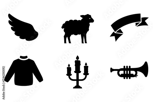 A mixed collection of black silhouette icons for holiday design including a wing sheep and trumpet