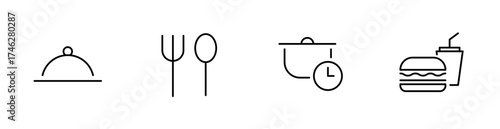 Serving, utensils, cooking time, fast food icons. Editable stroke vector icon.