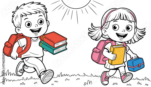 Happy school children walking with backpacks, books, and lunchbox in outdoor scene illustration for education, learning, and back to school design