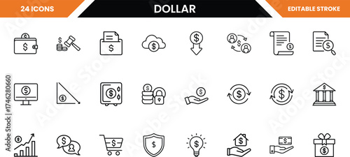 Assortment of dollar and finance icons, isolated on white background
