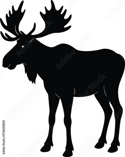 Majestic bull moose with large antlers standing in profile as a bold black silhouette on white background