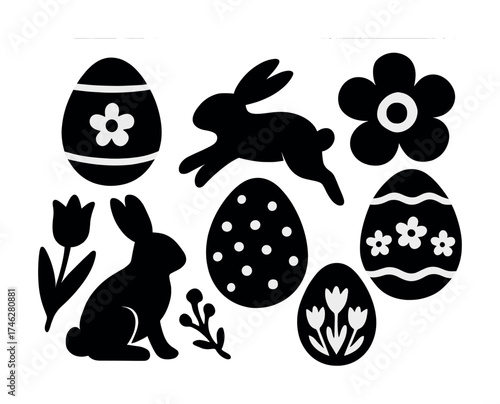 Vector Silhouette easter icons: bunnies, eggs, and flowers