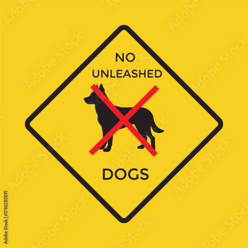 No unleashed dogs warning sign on yellow background