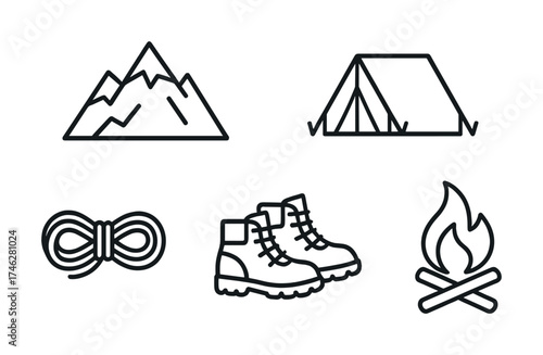 Vector Outdoor adventure essentials: mountains, tent, rope, hiking boots, campfire icons