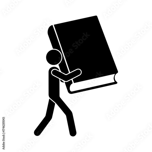 Stickman carrying big book icon. Person lifting giant book symbolizing knowledge, education, study, or learning burden. Silhouette figure representing student, reader, or research concept in vector.