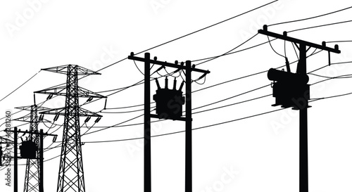 High voltage electricity poles and power transformers silhouette vector illustration showing energy transmission network and industrial infrastructure background design