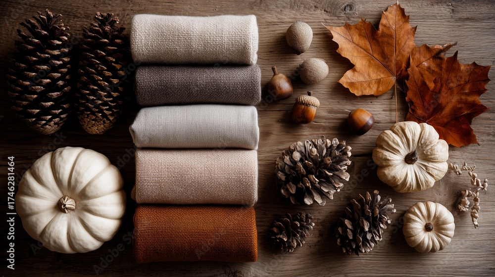 Fototapeta premium Autumn Cozy Seasonal Flat Lay Composition with Pumpkins, Leaves, and Pinecones on Wooden Table