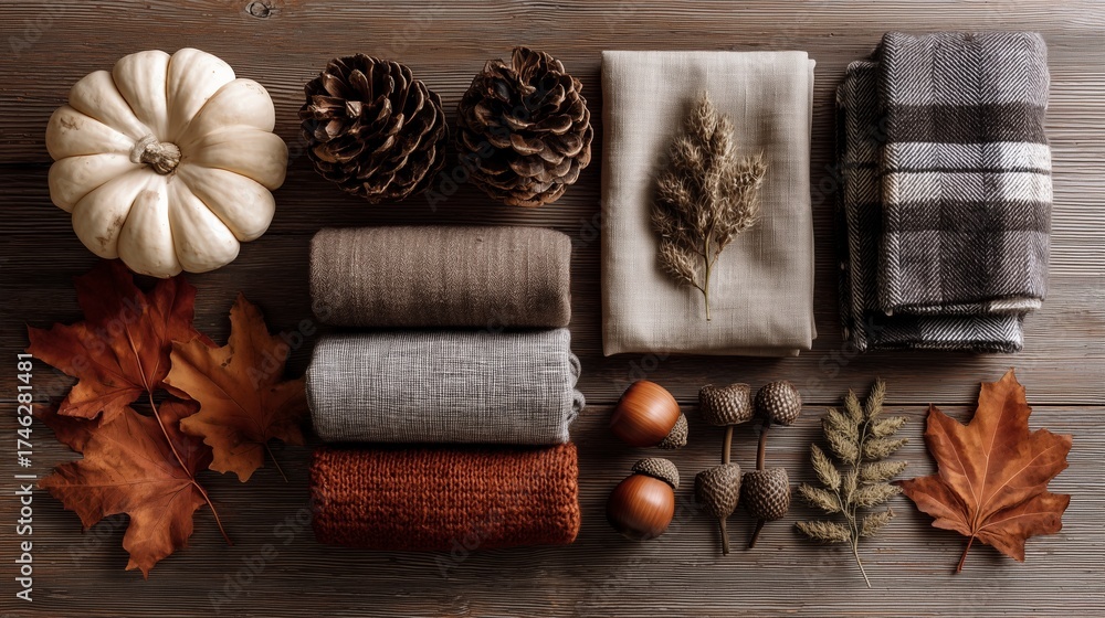 Fototapeta premium Autumn Cozy Seasonal Flat Lay Composition with Pumpkins, Leaves, and Pinecones on Wooden Table