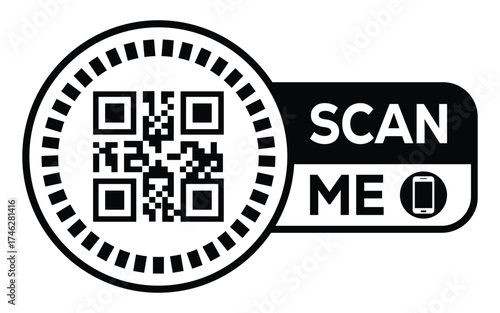 Minimalist black and white QR code label design with "SCAN ME" message, modern style, ideal for marketing, digital menus, business promotions, and mobile-based contactless solutions.	