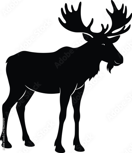 Majestic bull moose standing profile view in a striking black silhouette against a white background