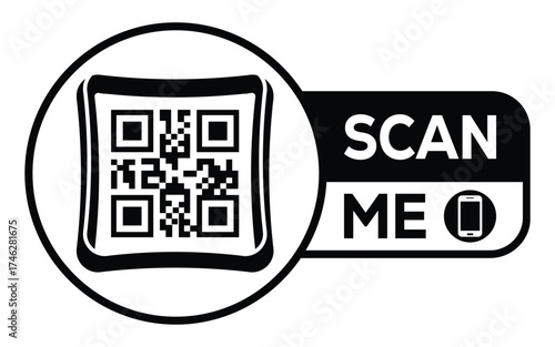 Minimalist black and white QR code label design with "SCAN ME" message, modern style, ideal for marketing, digital menus, business promotions, and mobile-based contactless solutions.	
