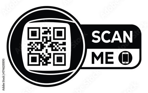 Minimalist black and white QR code label design with "SCAN ME" message, modern style, ideal for marketing, digital menus, business promotions, and mobile-based contactless solutions.	