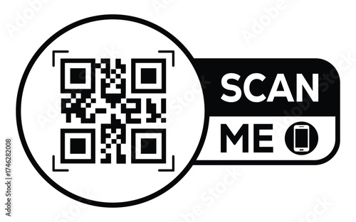 Minimalist black and white QR code label design with "SCAN ME" message, modern style, ideal for marketing, digital menus, business promotions, and mobile-based contactless solutions.	