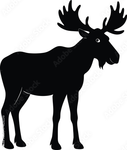 Majestic bull moose standing profile view in a stark black silhouette against a white background