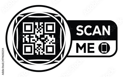 Minimalist black and white QR code label design with "SCAN ME" message, modern style, ideal for marketing, digital menus, business promotions, and mobile-based contactless solutions.	