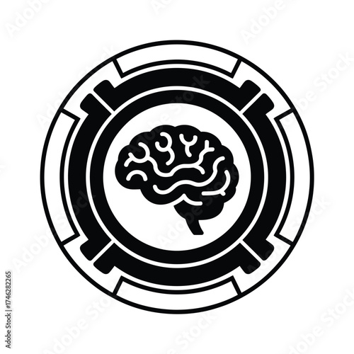 Stylized black and white brain icon within a circular gear emblem