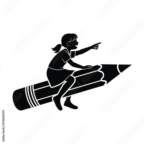 Girl riding a giant pencil pointing forward on white background