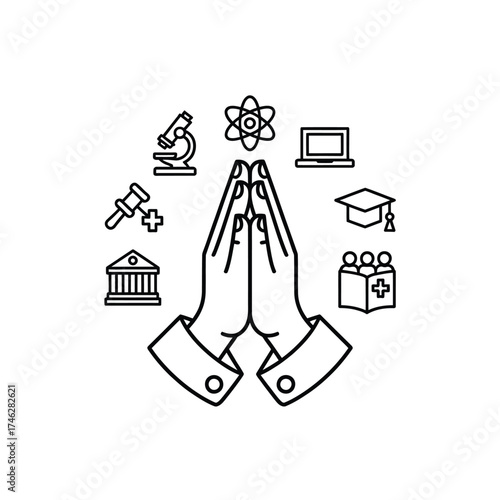 Hands praying surrounded by symbols of education and profession