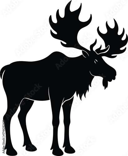 Majestic bull moose with large antlers in a stark black silhouette against a white background