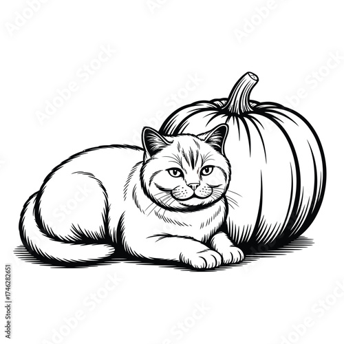 Black and white sketch of a british shorthair cat with a pumpkin