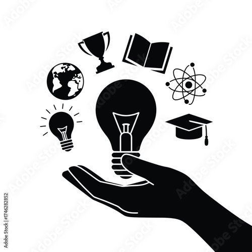 Hand holding lightbulb with education and innovation icons