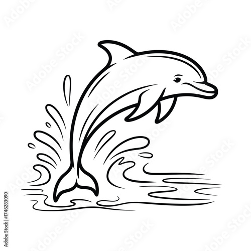 Line art dolphin leaping out of water splash
