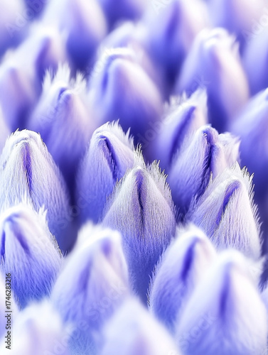 Close up of purple flowers with fuzzy petals. The flowers are purple and have a fuzzy texture
