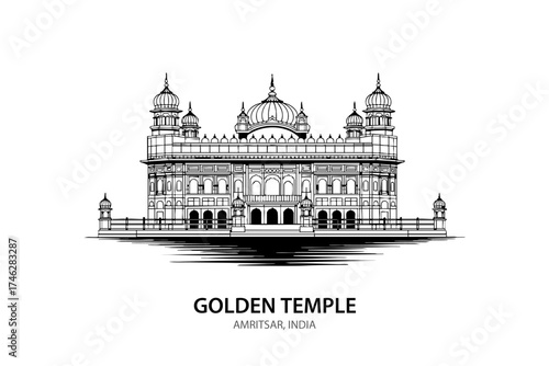 Golden Temple Amritsar Line Art – Sacred Sikh Temple Vector Illustration of India