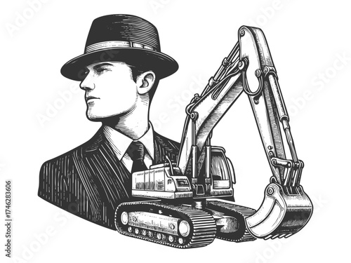 man in a formal suit and hat beside an excavator, industrial power sketch engraving generative ai fictional character vector illustration. Scratch board imitation. Black and white image.