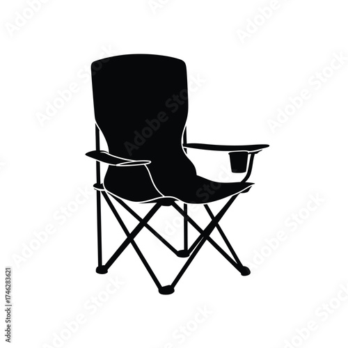 Black silhouette of a folding camping chair with cup holder