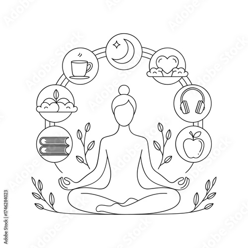 Person meditating surrounded by icons representing healthy lifestyle elements