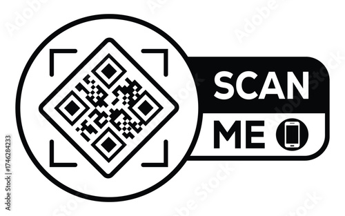 Minimalist black and white QR code icon with “Scan Me” label and smartphone symbol. Clean modern design ideal for digital access, marketing, payments, and contactless technology concepts.
