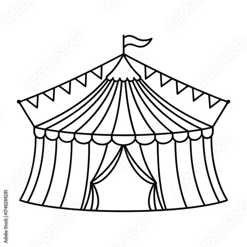 Hand drawn outline of a classic circus tent with flags and pennants